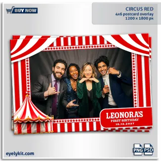 Circus themed photo booth templates. this template features a rich, textured deep red background that perfectly evokes the feel of an old-school circus tent canvas. A striking, ornate gold filigree and scrollwork border frames the single landscape photo slot, adding an air of vintage elegance.