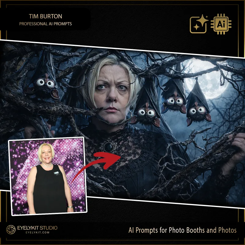 The Tim Burton Prompts 3 Tim Burton Prompts for ai photo booths. In the event industry, clients hosting Halloween extravaganzas, gothic-themed weddings, and alternative birthday parties are constantly searching for deeply immersive experiences that go far beyond standard plastic spiderwebs and cheap vampire teeth. Widely regarded as a truly transformative addition to any digital inventory, these professional assets allow you to offer a dramatic, spooky character transformation that turns a standard photo session into a gothic masterpiece.