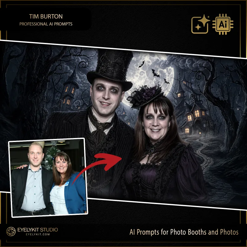 The Tim Burton Prompts 2 Tim Burton Prompts for ai photo booths. In the event industry, clients hosting Halloween extravaganzas, gothic-themed weddings, and alternative birthday parties are constantly searching for deeply immersive experiences that go far beyond standard plastic spiderwebs and cheap vampire teeth. Widely regarded as a truly transformative addition to any digital inventory, these professional assets allow you to offer a dramatic, spooky character transformation that turns a standard photo session into a gothic masterpiece.