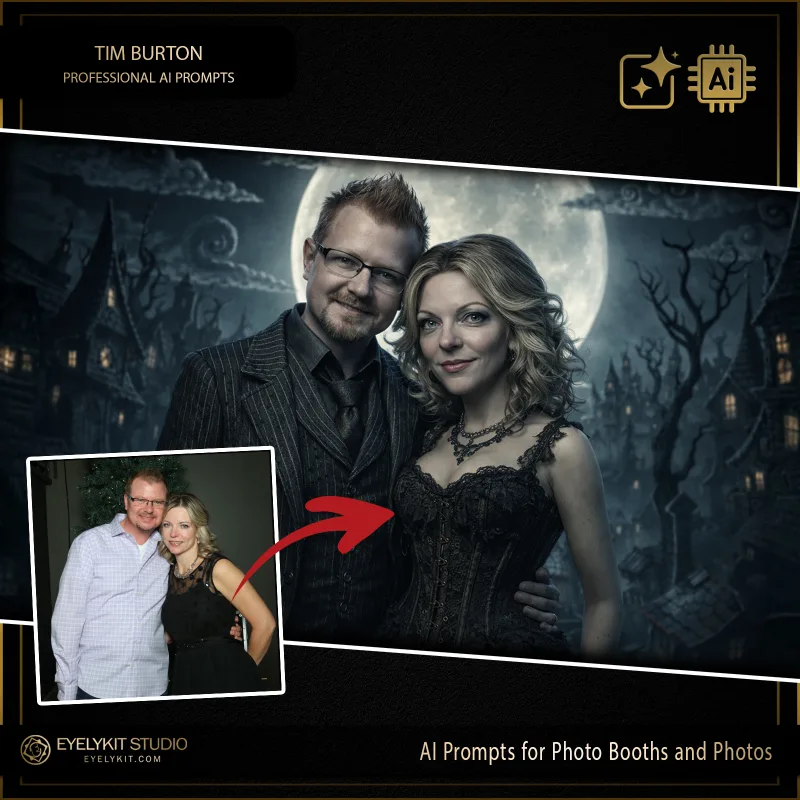 The Tim Burton Prompts 1 Tim Burton Prompts for ai photo booths. In the event industry, clients hosting Halloween extravaganzas, gothic-themed weddings, and alternative birthday parties are constantly searching for deeply immersive experiences that go far beyond standard plastic spiderwebs and cheap vampire teeth. Widely regarded as a truly transformative addition to any digital inventory, these professional assets allow you to offer a dramatic, spooky character transformation that turns a standard photo session into a gothic masterpiece.