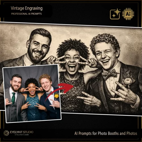 Vintage Engraving prompts for ai photos and photo booths. Widely regarded as some of the best ai prompts for photo booths, these professional technical strings allow you to offer a dramatic, old-world artistic transformation.