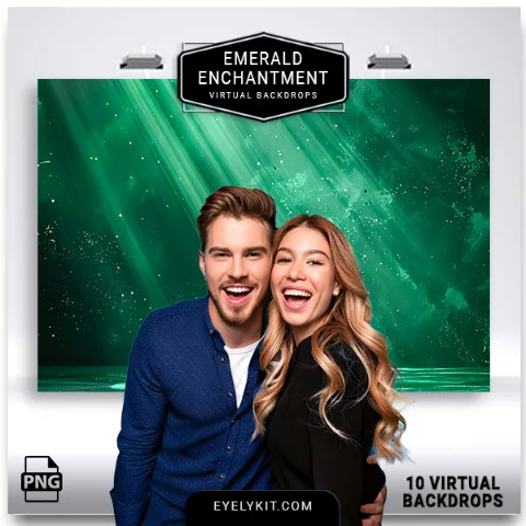 10 Emerald Enchantment backgrounds 2 Emerald Enchantment backdrops for photo booths backdrops. This pack offers 10 masterfully generated photo booth virtual backdrops, featuring deep malachite stone textures, luxurious swirling silks with gold accents, vibrant peacock-style feathers, and sun-drenched mystical forest glades.