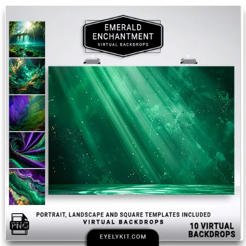 Emerald Enchantment backdrops for photo booths backdrops. This pack offers 10 masterfully generated photo booth virtual backdrops, featuring deep malachite stone textures, luxurious swirling silks with gold accents, vibrant peacock-style feathers, and sun-drenched mystical forest glades.