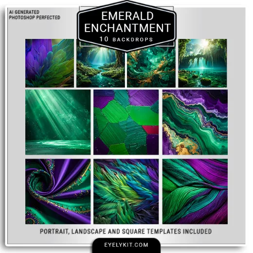10 Emerald Enchantment backgrounds 4 Emerald Enchantment backdrops for photo booths backdrops. This pack offers 10 masterfully generated photo booth virtual backdrops, featuring deep malachite stone textures, luxurious swirling silks with gold accents, vibrant peacock-style feathers, and sun-drenched mystical forest glades.