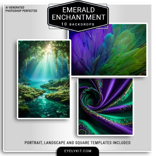 10 Emerald Enchantment backgrounds 5 Emerald Enchantment backdrops for photo booths backdrops. This pack offers 10 masterfully generated photo booth virtual backdrops, featuring deep malachite stone textures, luxurious swirling silks with gold accents, vibrant peacock-style feathers, and sun-drenched mystical forest glades.