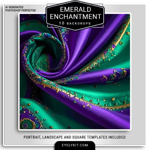10 Emerald Enchantment backgrounds 6 Emerald Enchantment backdrops for photo booths backdrops. This pack offers 10 masterfully generated photo booth virtual backdrops, featuring deep malachite stone textures, luxurious swirling silks with gold accents, vibrant peacock-style feathers, and sun-drenched mystical forest glades.