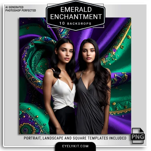 10 Emerald Enchantment backgrounds 3 Emerald Enchantment backdrops for photo booths backdrops. This pack offers 10 masterfully generated photo booth virtual backdrops, featuring deep malachite stone textures, luxurious swirling silks with gold accents, vibrant peacock-style feathers, and sun-drenched mystical forest glades.