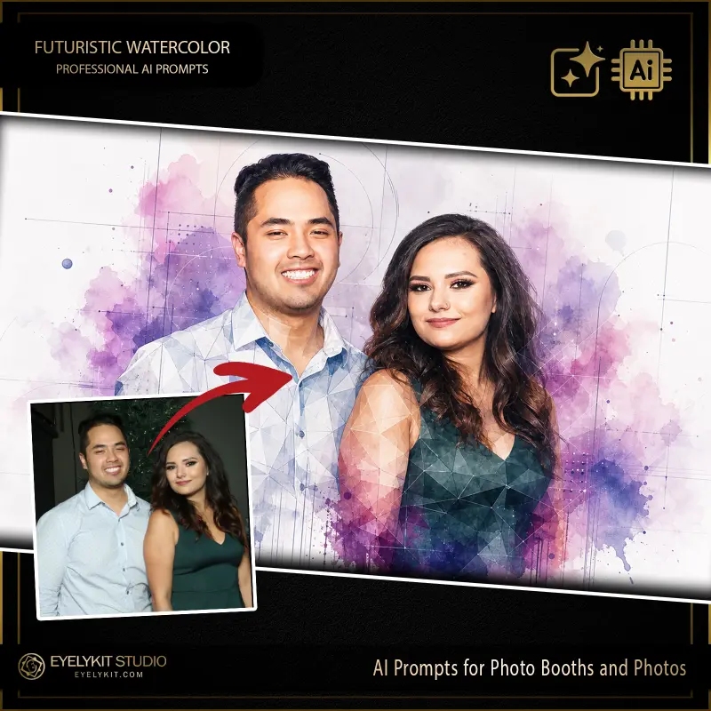 Futuristic Watercolor 2 Futuristic Watercolor ai prompts for photo booths. Perfect for creative corporate galas, modern weddings, tech summits, and art-themed events, a highly stylized, abstract aesthetic is a massive draw for trend-setting clients.