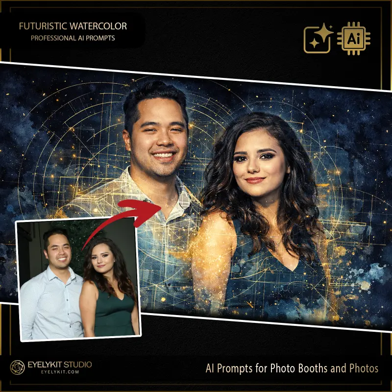 Futuristic Watercolor 1 Futuristic Watercolor ai prompts for photo booths. Perfect for creative corporate galas, modern weddings, tech summits, and art-themed events, a highly stylized, abstract aesthetic is a massive draw for trend-setting clients.