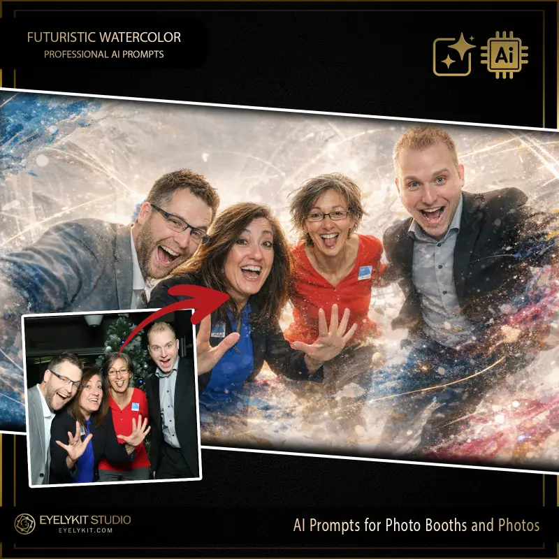 Futuristic Watercolor 3 Futuristic Watercolor ai prompts for photo booths. Perfect for creative corporate galas, modern weddings, tech summits, and art-themed events, a highly stylized, abstract aesthetic is a massive draw for trend-setting clients.