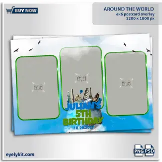 around the world photobooth overlay templates. Perfect for celebrating travel-loving couples, adventurous milestone birthdays, study abroad farewells, and global corporate summits, this template turns every capture into a cherished passport to fun. Offering a beautifully illustrated, wanderlust-inspired digital frame is the perfect way to secure these highly versatile and universally appealing bookings.