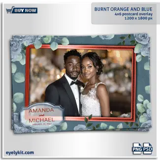 Burnt Orange and Blue photobooth overlays. Capture the breathtaking beauty of one of the wedding industry's most highly requested color palettes with the stunning Burnt Orange and Blue | Burnt Orange and Blue Photobooth Overlays 4x6 template. For boho-chic weddings, elegant autumn celebrations, and sophisticated bridal showers, the striking contrast of deep copper and dusty blue is an absolute showstopper.