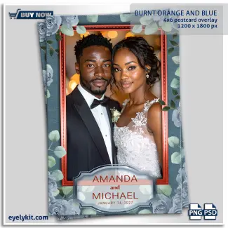 Burnt Orange and Blue photobooth overlays. Capture the breathtaking beauty of one of the wedding industry's most highly requested color palettes with the stunning Burnt Orange and Blue | Burnt Orange and Blue Photobooth Overlays 4x6 template. For boho-chic weddings, elegant autumn celebrations, and sophisticated bridal showers, the striking contrast of deep copper and dusty blue is an absolute showstopper.