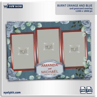 Burnt Orange and Blue photobooth overlays. Capture the breathtaking beauty of one of the wedding industry's most highly requested color palettes with the stunning Burnt Orange and Blue | Burnt Orange and Blue Photobooth Overlays 4x6 template. For boho-chic weddings, elegant autumn celebrations, and sophisticated bridal showers, the striking contrast of deep copper and dusty blue is an absolute showstopper.