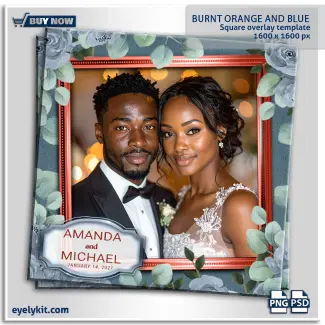 Burnt Orange and Blue photobooth overlays. Capture the breathtaking beauty of one of the wedding industry's most highly requested color palettes with the stunning Burnt Orange and Blue | Burnt Orange and Blue Photobooth Overlays 4x6 template. For boho-chic weddings, elegant autumn celebrations, and sophisticated bridal showers, the striking contrast of deep copper and dusty blue is an absolute showstopper.