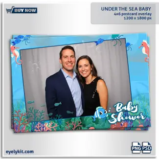 under the sea baby shower photo booth overlay template. The visual experience of this template is bright, incredibly cute, and beautifully illustrated. The landscape-oriented layout utilizes a cheerful, light blue oceanic background, giving the illusion of being happily submerged in a friendly tropical sea complete with floating bubbles.