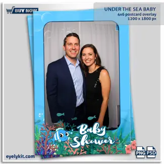 under the sea baby shower photo booth overlay template. The visual experience of this template is bright, incredibly cute, and beautifully illustrated. The landscape-oriented layout utilizes a cheerful, light blue oceanic background, giving the illusion of being happily submerged in a friendly tropical sea complete with floating bubbles.