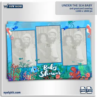 under the sea baby shower photo booth overlay template. The visual experience of this template is bright, incredibly cute, and beautifully illustrated. The landscape-oriented layout utilizes a cheerful, light blue oceanic background, giving the illusion of being happily submerged in a friendly tropical sea complete with floating bubbles.